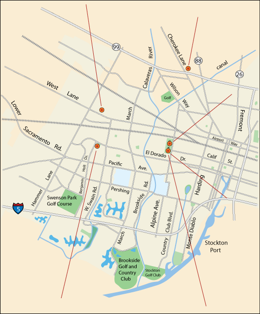 map of spectator sports venues in Stockton, CA